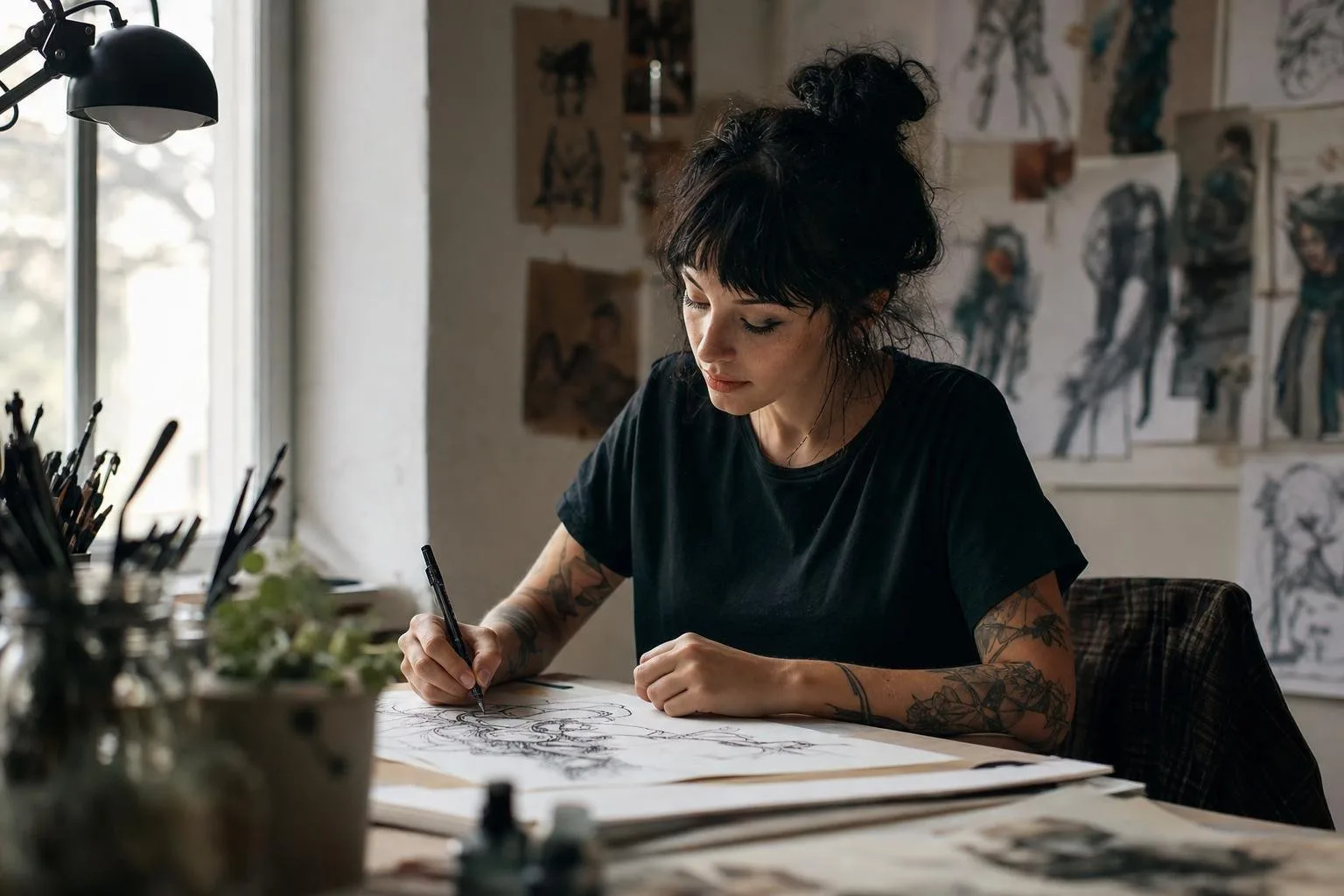 A bright studio with character sheets pinned to the wall