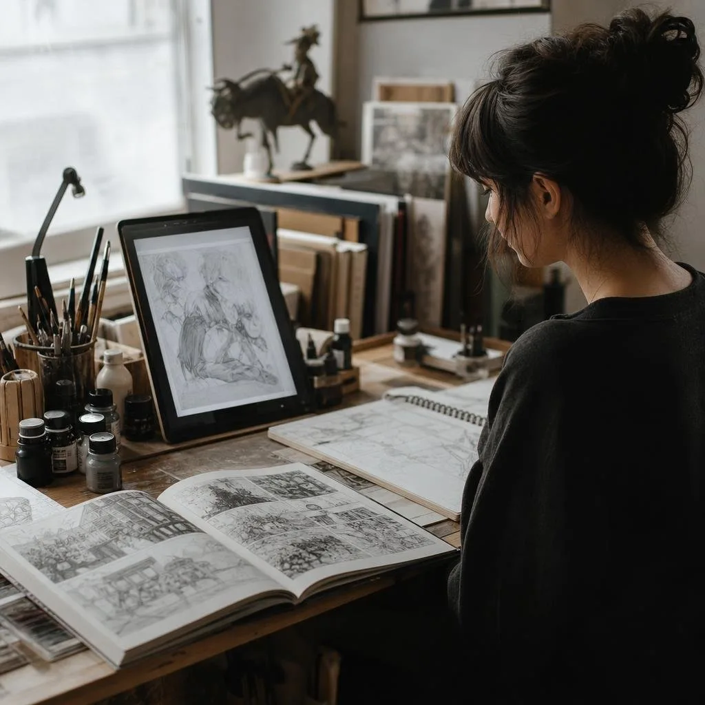 A tidy comic desk with a tablet, inks, and reference books