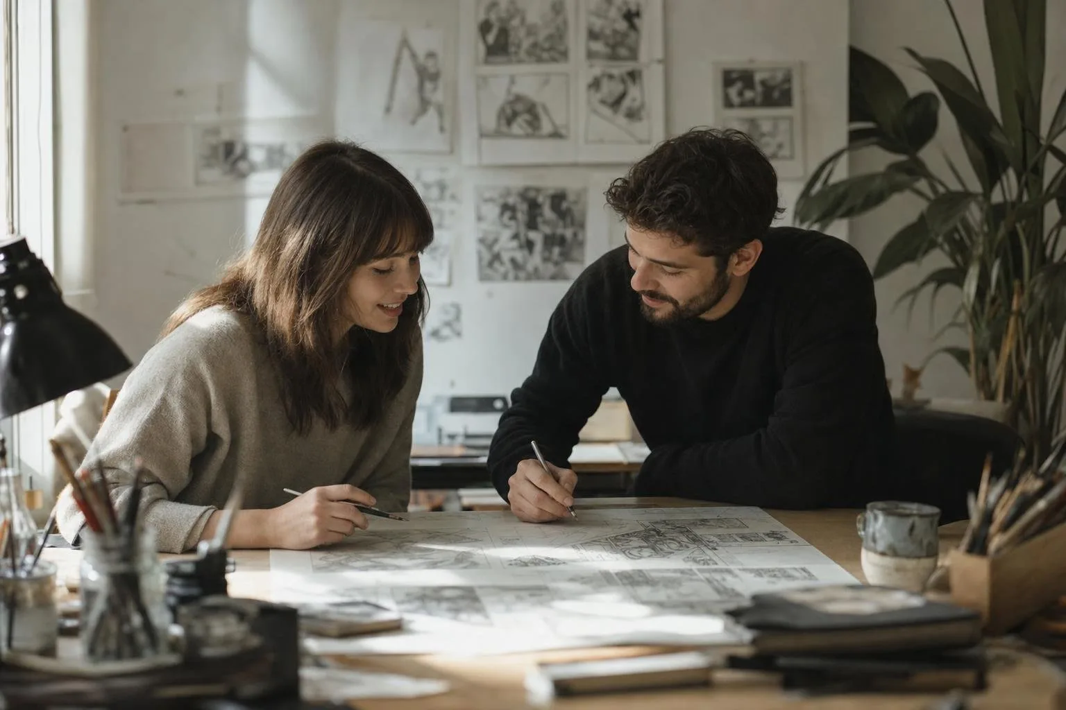 Character sketches and color swatches spread across a desk